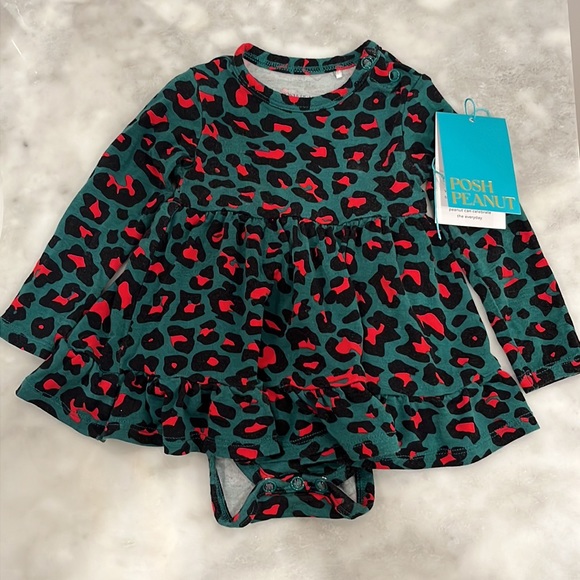 Posh Peanut Other - Posh Peanut TERELLE Red & Green Leopard Print Bodysuit Dress 0-3 0 to 3 Months